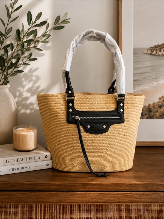 Handbags - Straw Tote Bag with Black Trim - Fashion Women Bag